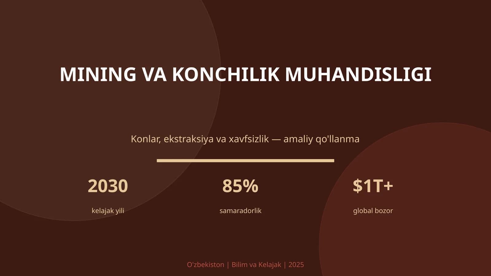 MINING VA KONCHILIK MUHANDISLIGI Konlar, ekstraksiya va xavfsizlik — amaliy qo'llanma 2030 kelajak yili 85% samaradorlik $1T+ global bozor O'zbekiston | Bilim va Kelajak | 2025 KIRISH: Mining va konchilik muhandisligi