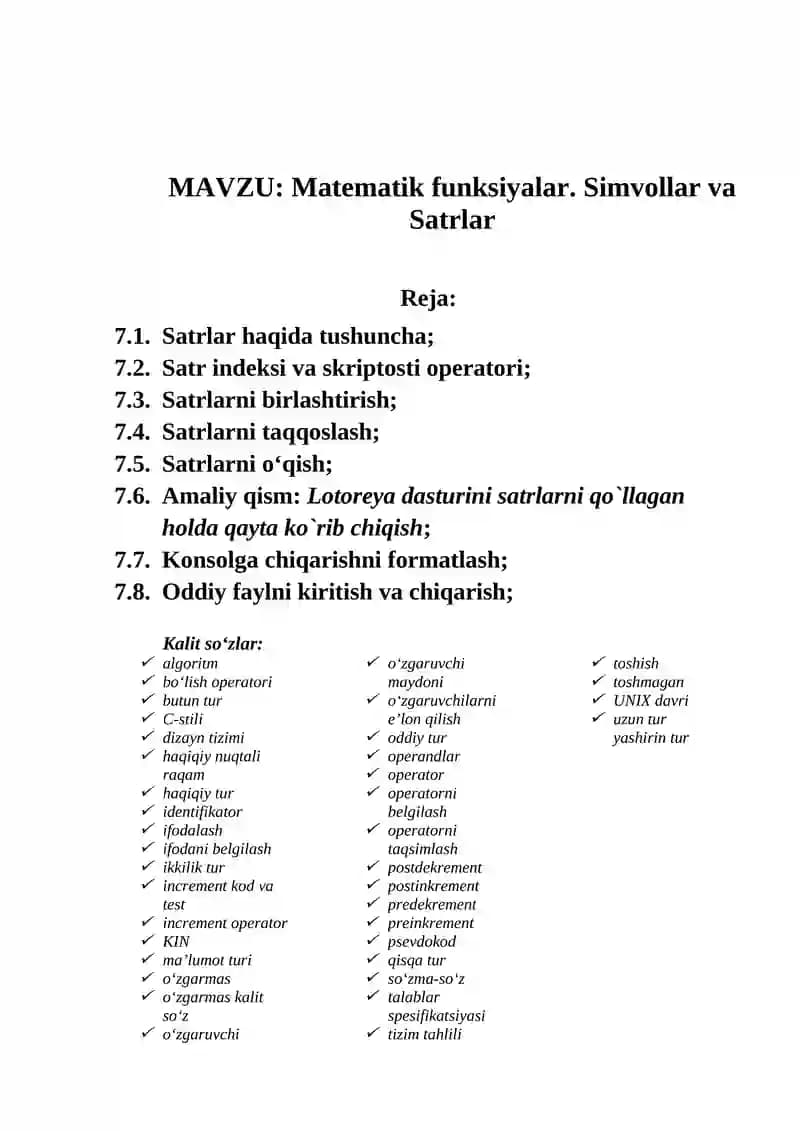Matematik funksiyalar. Simvollar va Satrlar