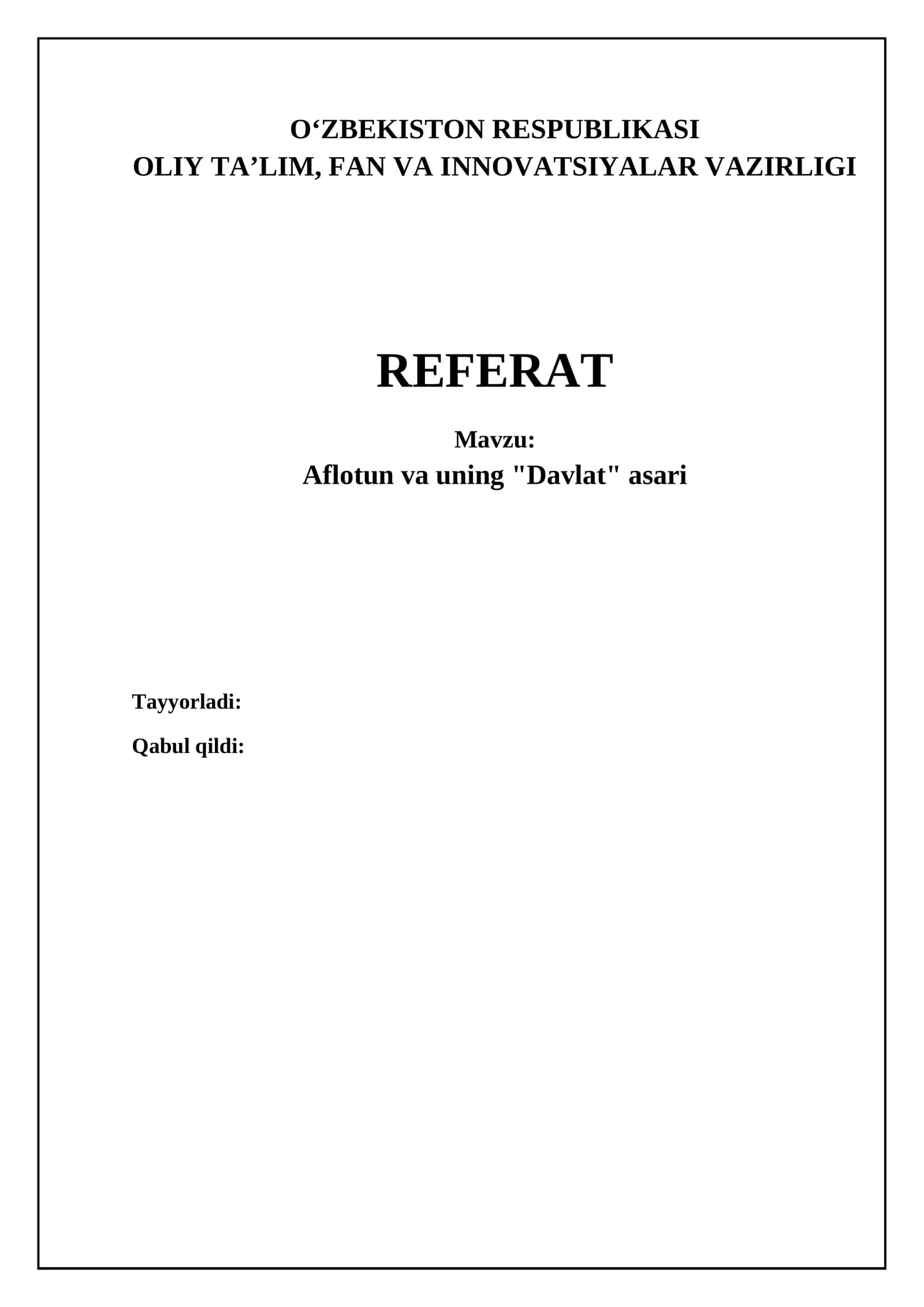 Aflotuning "Davlat" asari referati
