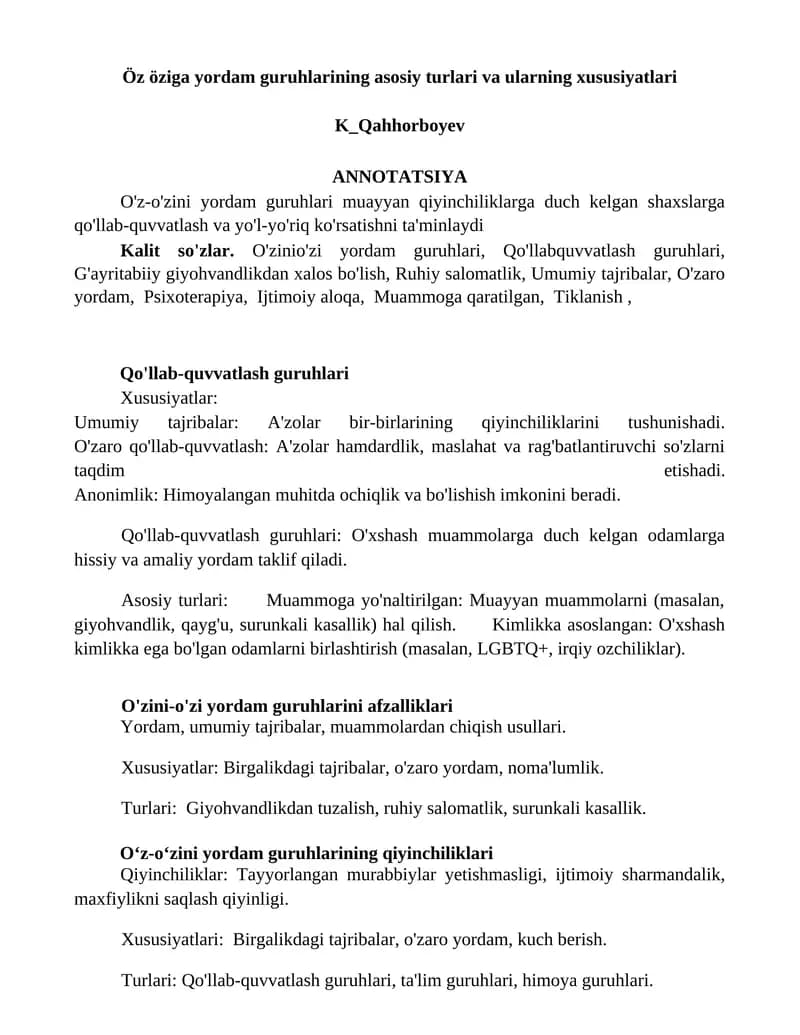 Öz öziga yordam guruhlarining asosiy turlari va ularning xususiyatlari