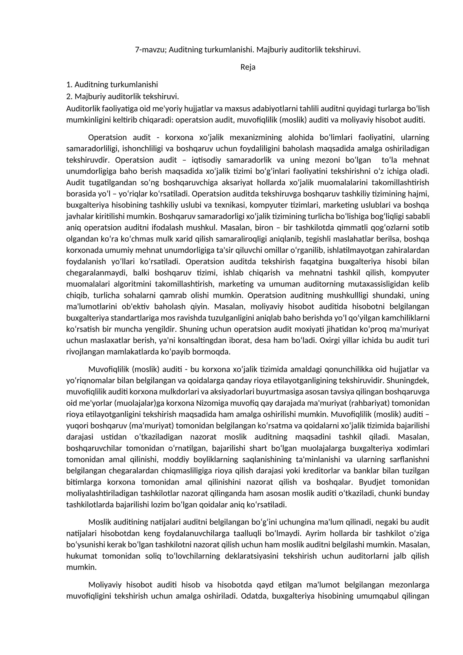 Auditning turkumlanishi. Majburiy auditorlik tekshiruvi