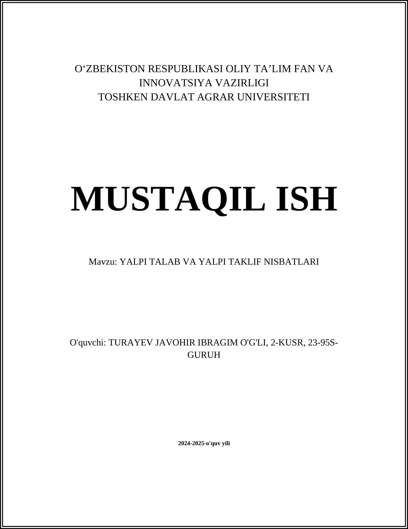 YALPI TALAB VA YALPI TAKLIF NISBATLARI
