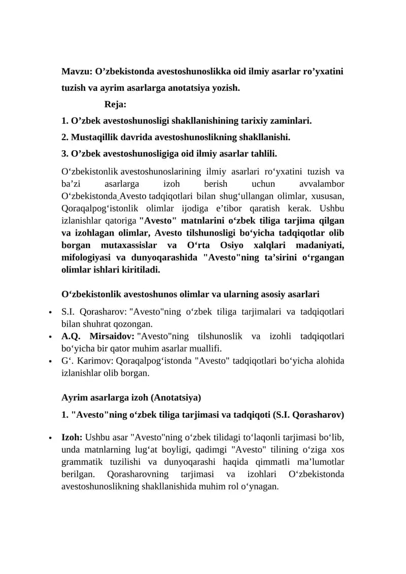 O‘zbekistonda avestoshunoslikka oid ilmiy asarlar ro’yxatini tuzish va ayrim asarlarga anotatsiya yozish