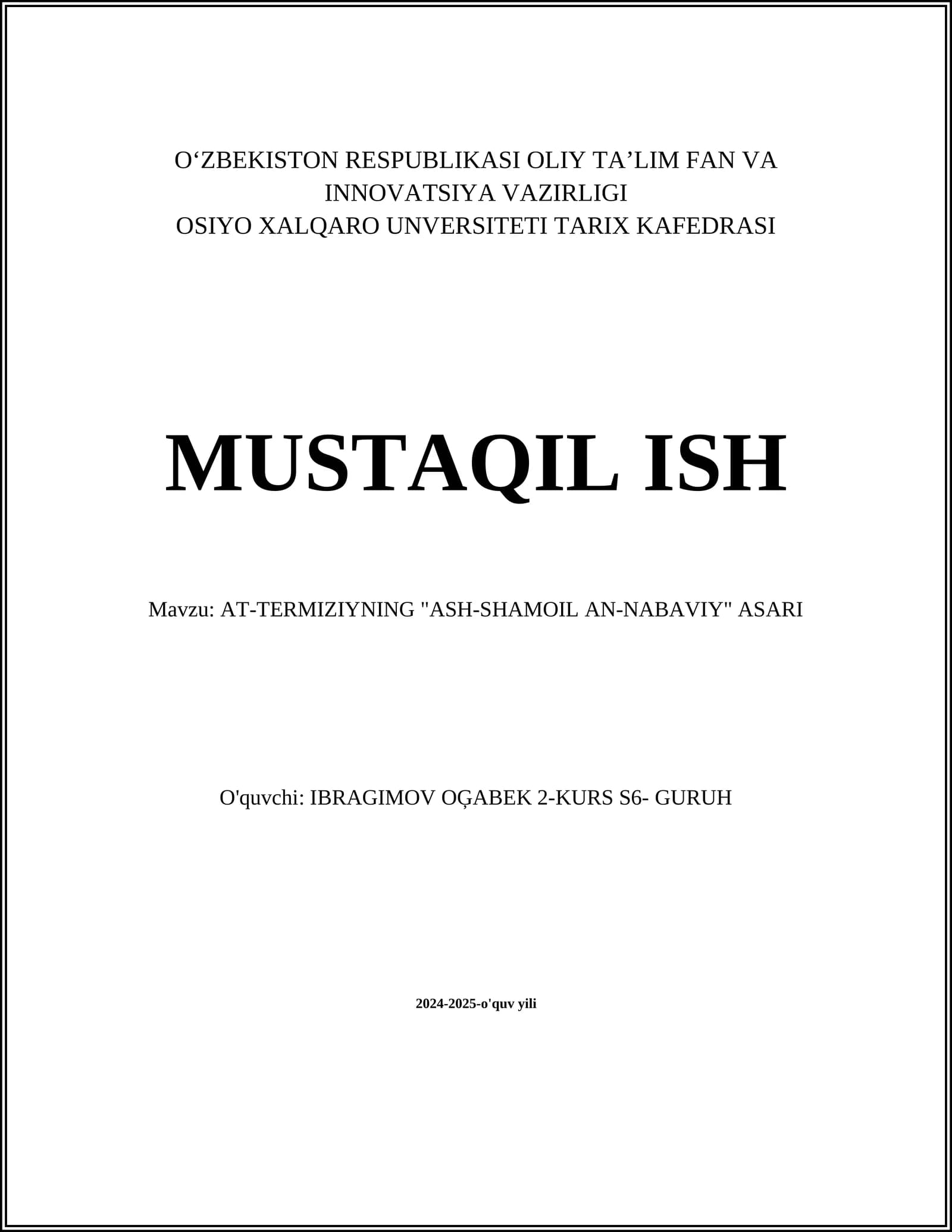 AT-TERMIZIYNING "ASH-SHAMOIL AN-NABAVIY" ASARI