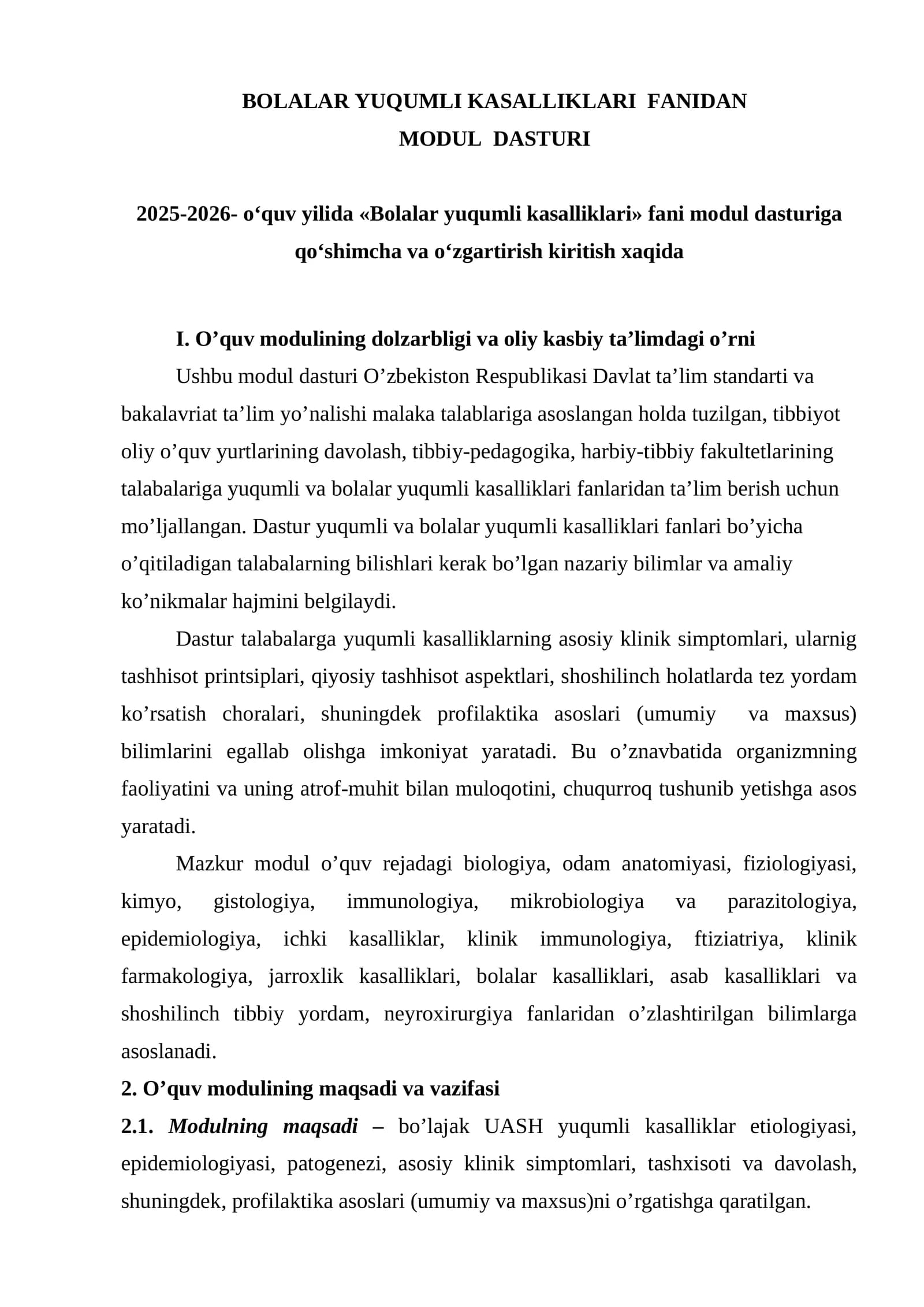 BOLALAR YUQMLI KASALLIKLARI FANIDAN MODUL DASTURI 2025-2026