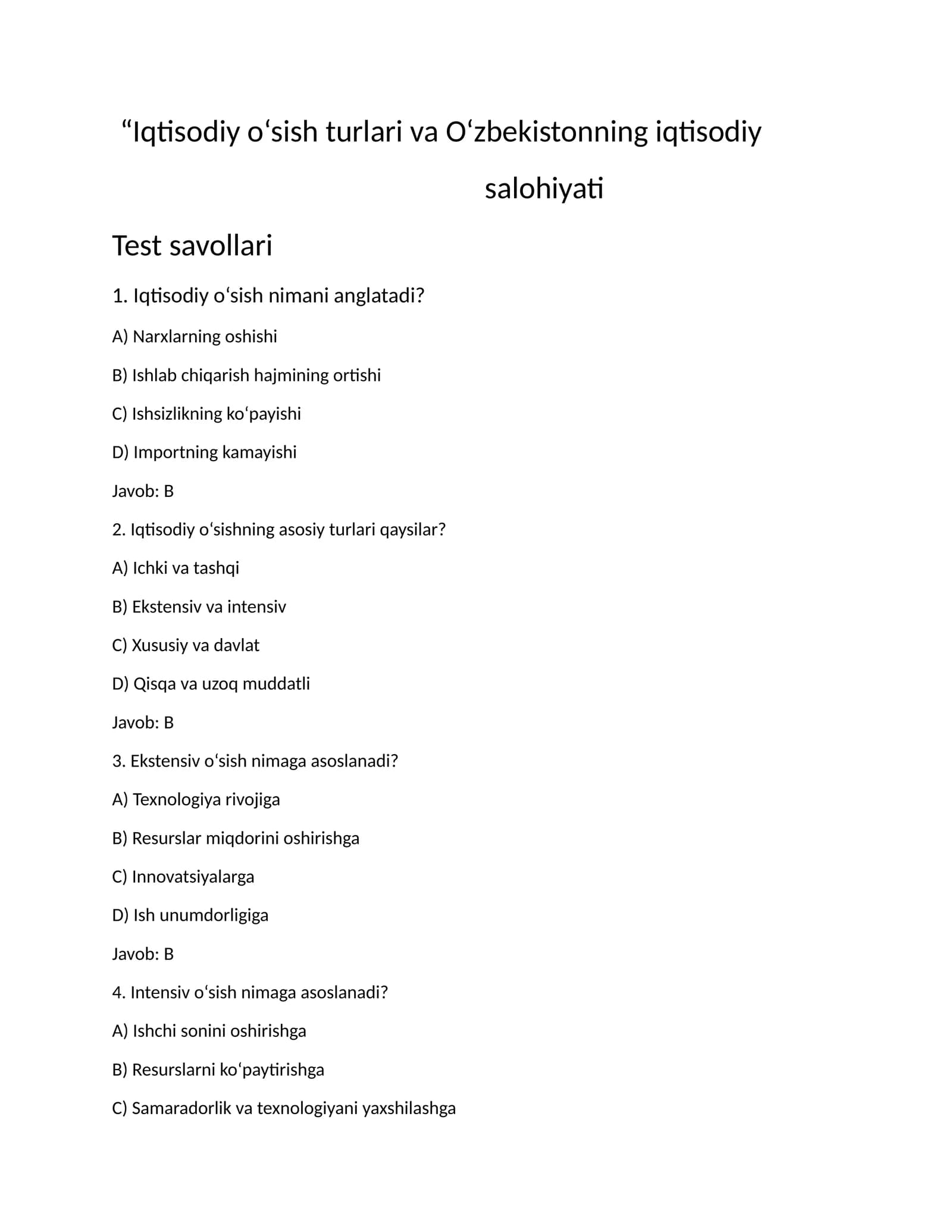 Iqtisodiy o‘sish turlari va O‘zbekistonning iqtisodiy salohiyati