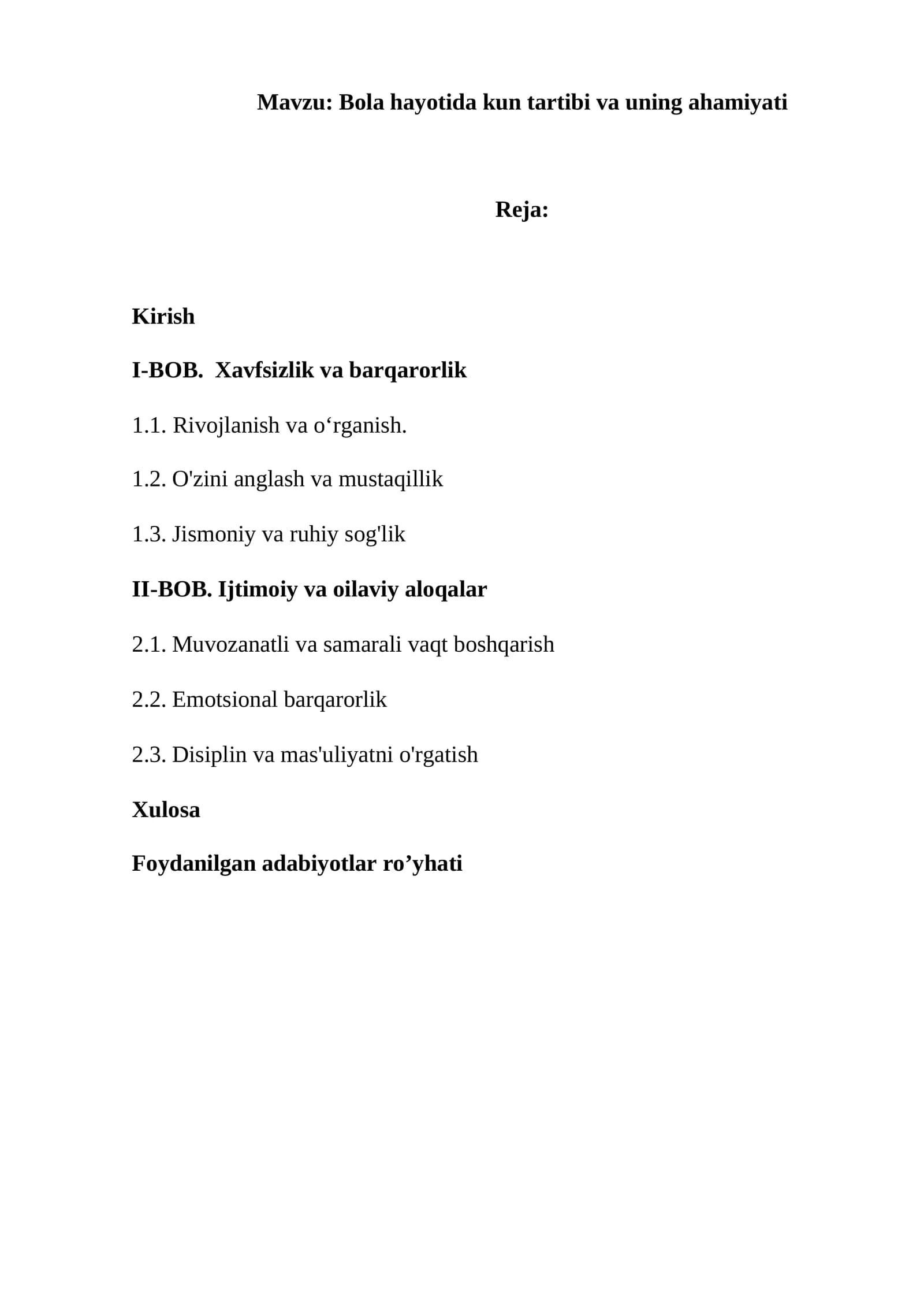 Bola hayotida kun tartibi va uning ahamiyati