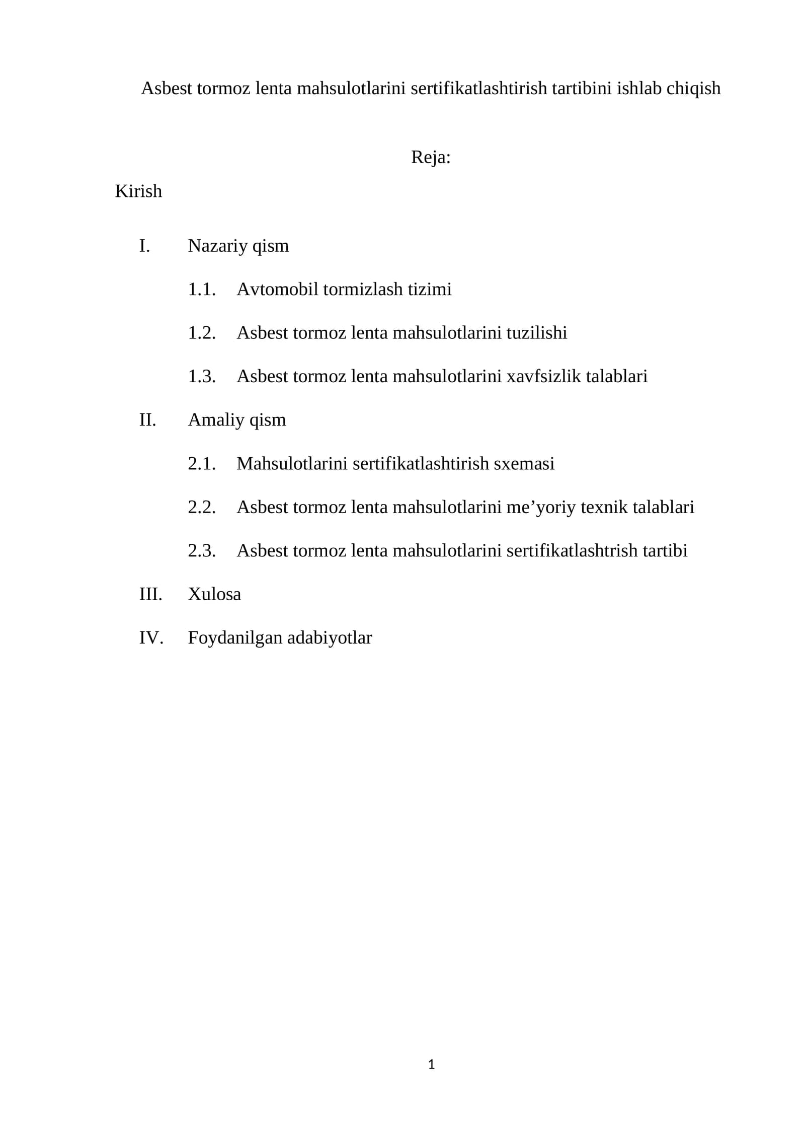Asbest tormoz lenta mahsulotlarini sertifikatlashtirish tartibini ishlab chiqish
