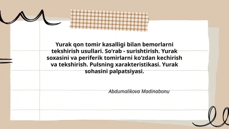 Yurak qon tomir kasalligi bilan bemorlarni tekshirish usullari