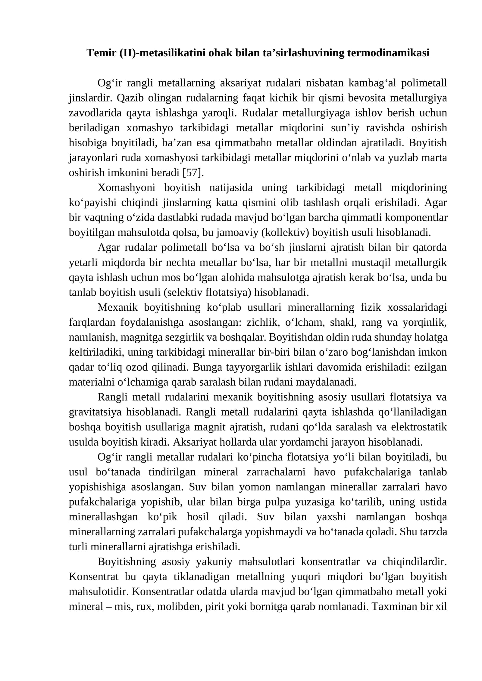 Temir (II)-metasilikatini ohak bilan ta’sirlashuvining termodinamikasi
