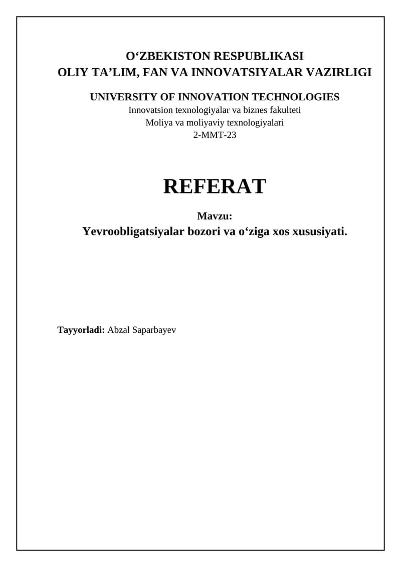 Yevroobligatsiyalar bozori va o‘ziga xos xususiyati