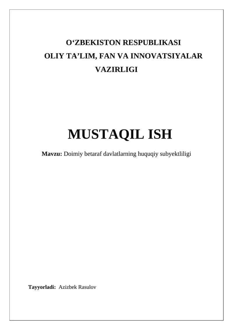 Doimiy Betaraf Davlatlarning Huquqiy Subyektliligi