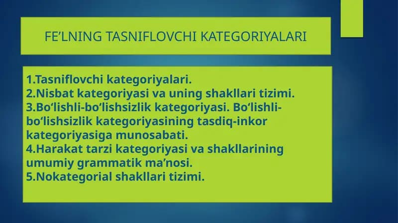 FE’LNING TASNIFLOVCHI KATEGORIYALARI