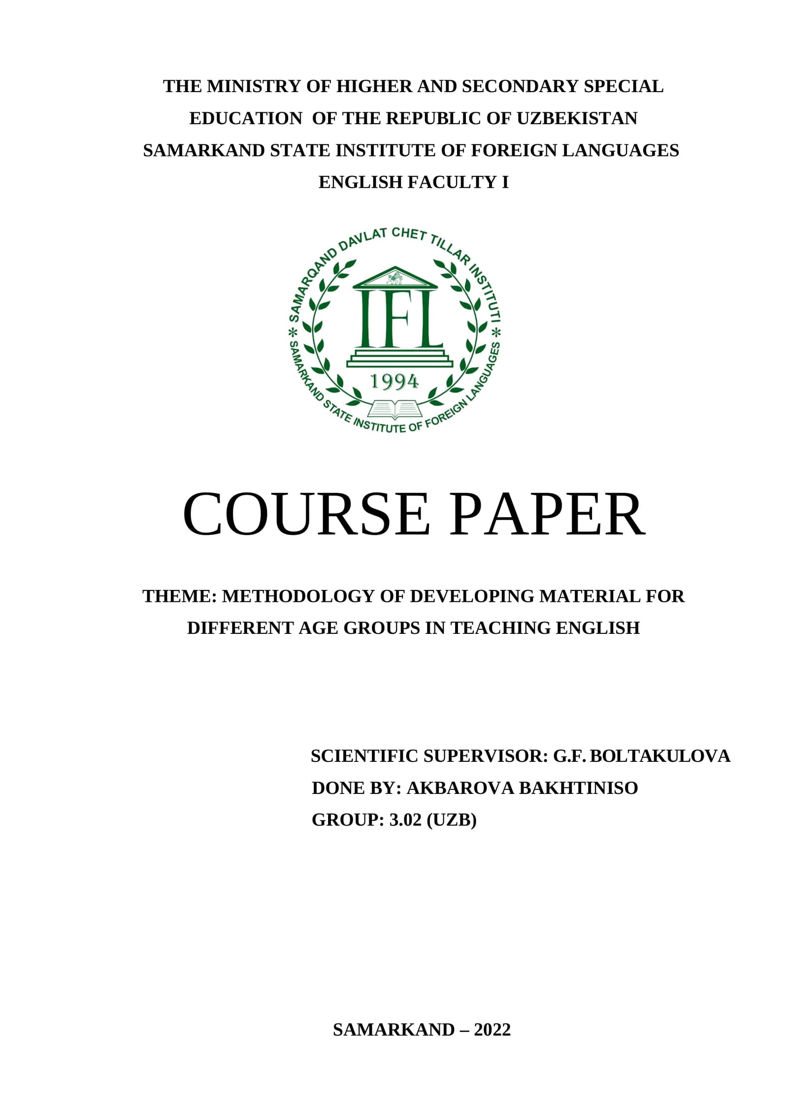 COURSE PAPER ON METHODOLOGY OF DEVELOPING MATERIAL FOR TEACHING ENGLISH TO YOUNG LEARNERS