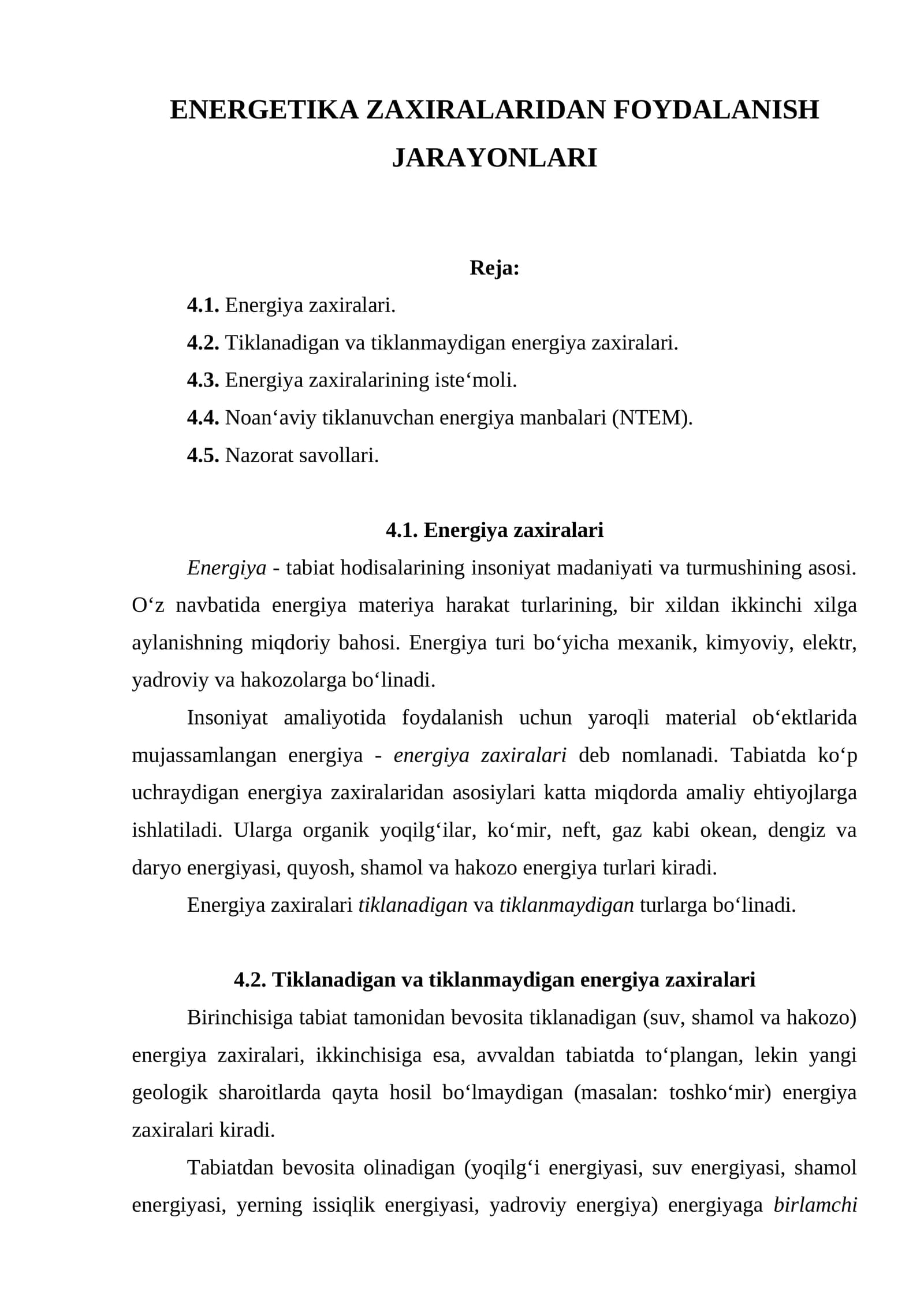 ENERGETIKA ZAXIRALARIDAN FOYDALANISH JARAYONLARI