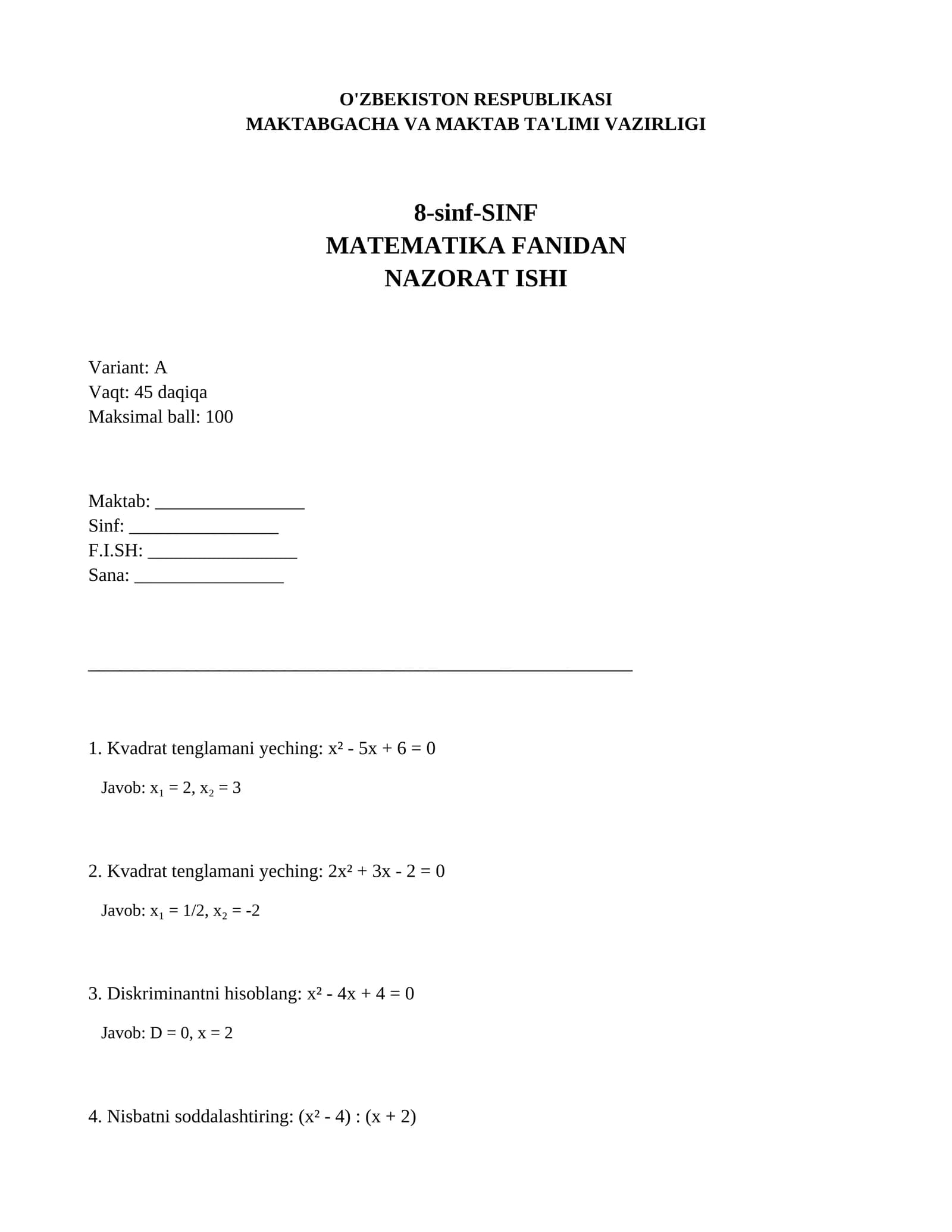 8-sinf - SINF, MATEMATIKA FANIDAN NAZORAT ISHI (Variant: A)