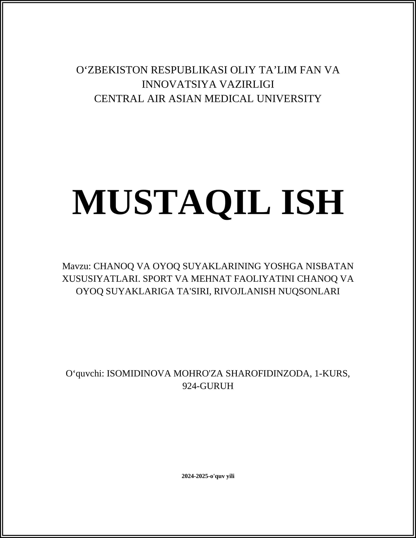 CHANOQ VA OYOQ SUYAKLARINING YOSHGA NISBATAN XUSUSIYATLARI. SPORT VA MEHNAT FAOLIYATINI CHANOQ VA OYOQ SUYAKLARIGA TA'SIRI, RIVOJLANISH NUQSONLARI