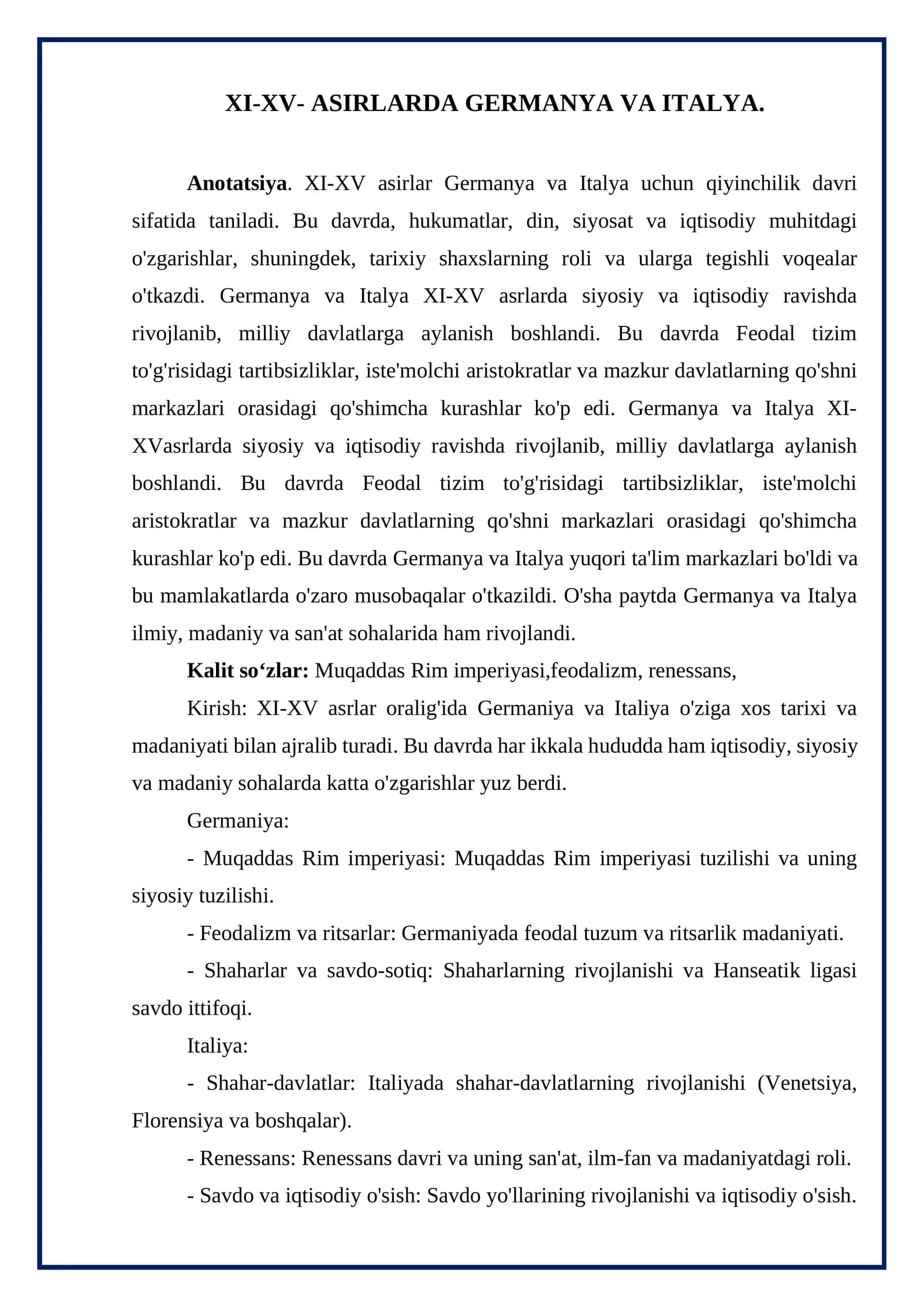 XI-XV- ASIRLARDA GERMANYA VA ITALYA