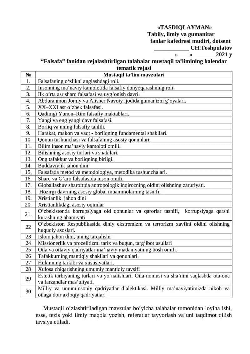 Mustaqil ta’limining kalendar tematik rejasi
