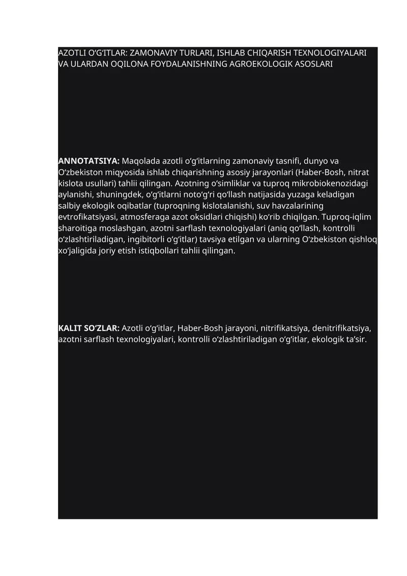 Azotli O‘g‘itlar: Zamonaviy Turlari, Ishlab Chiqarish Texnologiyalari va Ulardan Oqilona Foydalanishning Agroekologik Asoslari