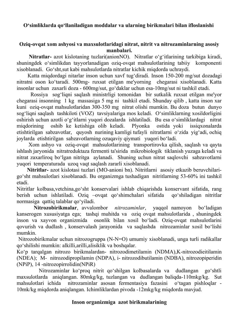 O‘simliklarda qo‘llaniladigan moddalar va ularning birikmalari bilan ifloslanishi