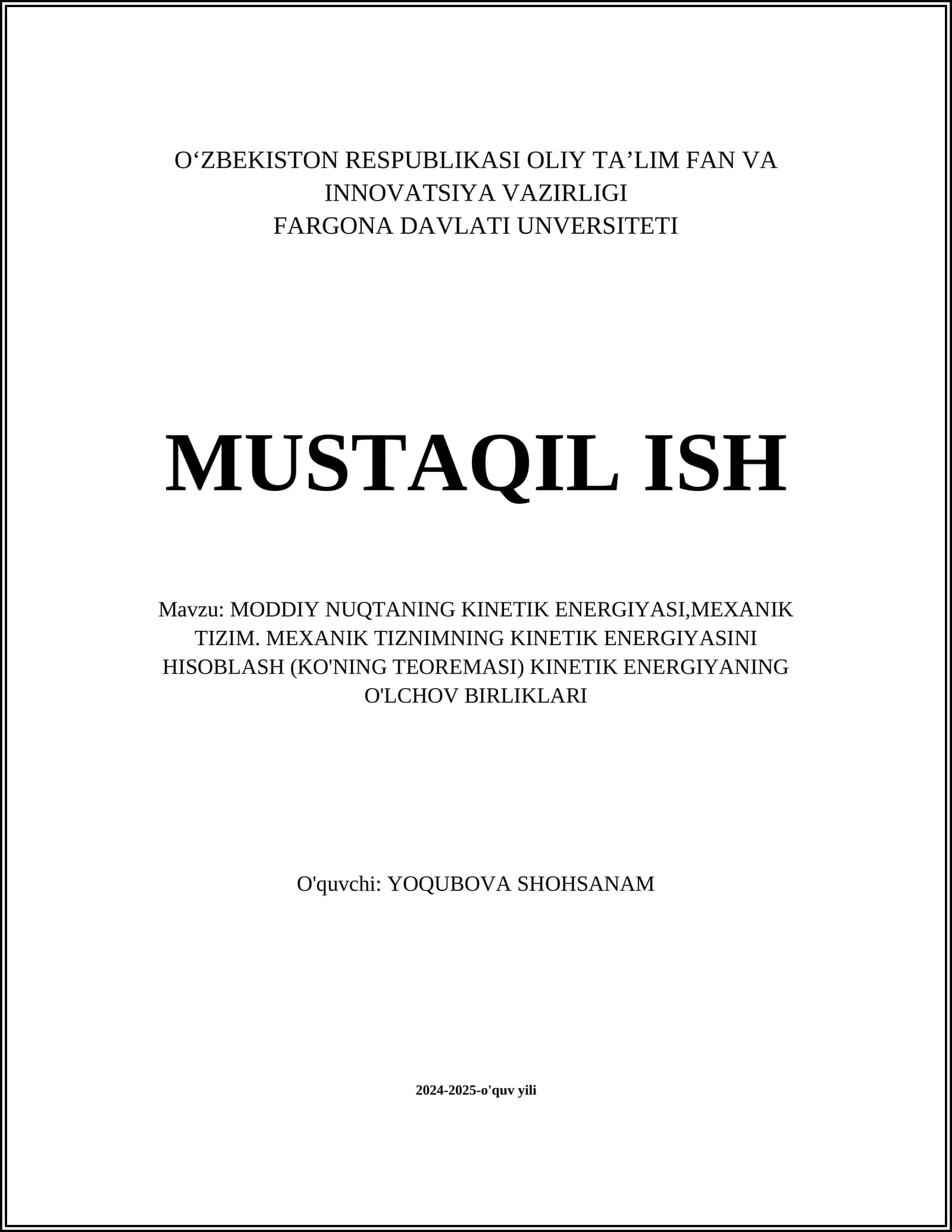 MODDIY NUQTANING KINETIK ENERGIYASI