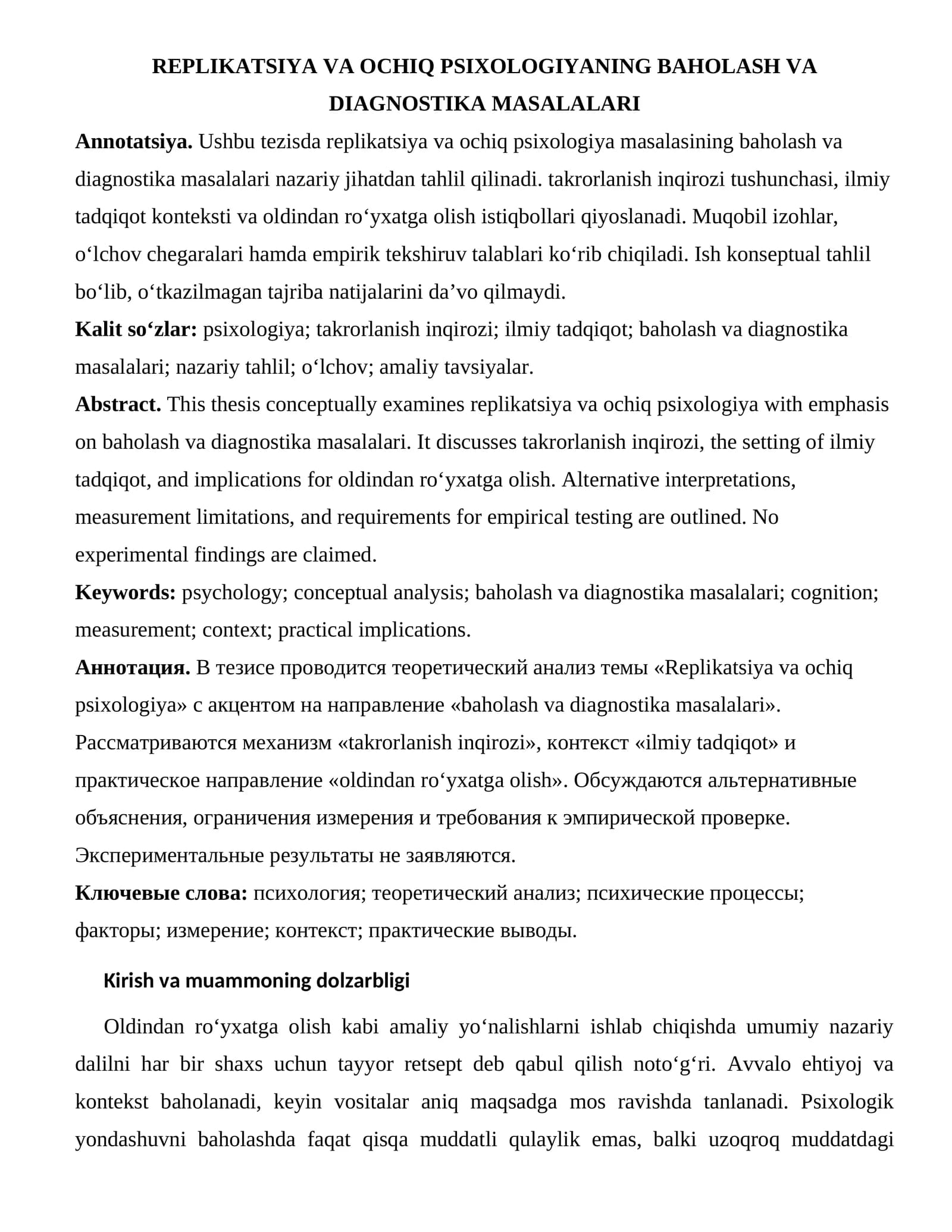 REPLIKATSIYA VA OCHIQ PSIXOLOGIYANING BAHOLASH VA DIAGNOSTIKA MASALALARI