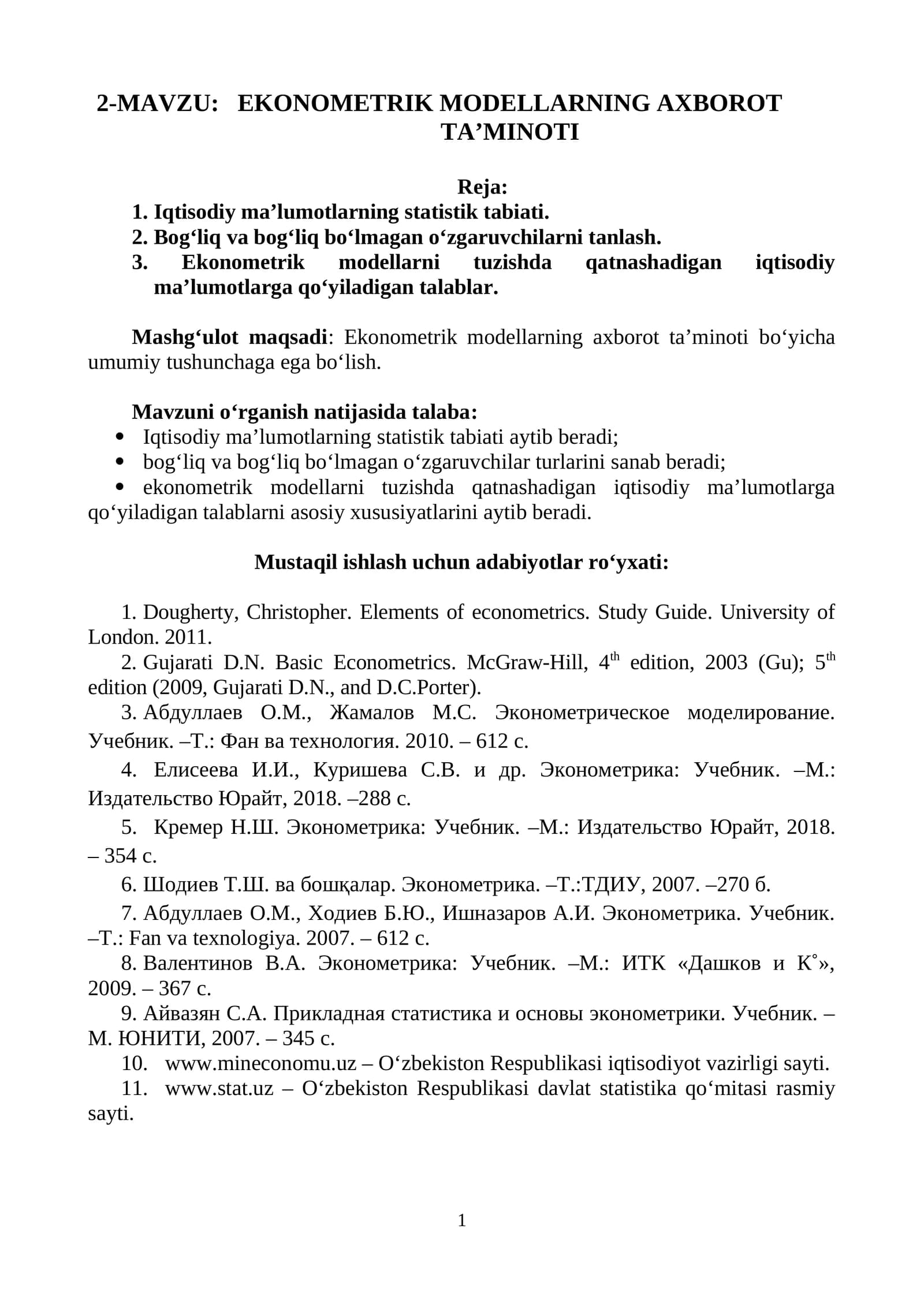 EKONOMETRIK MODELLARNING AXBOROT TA’MINOTI