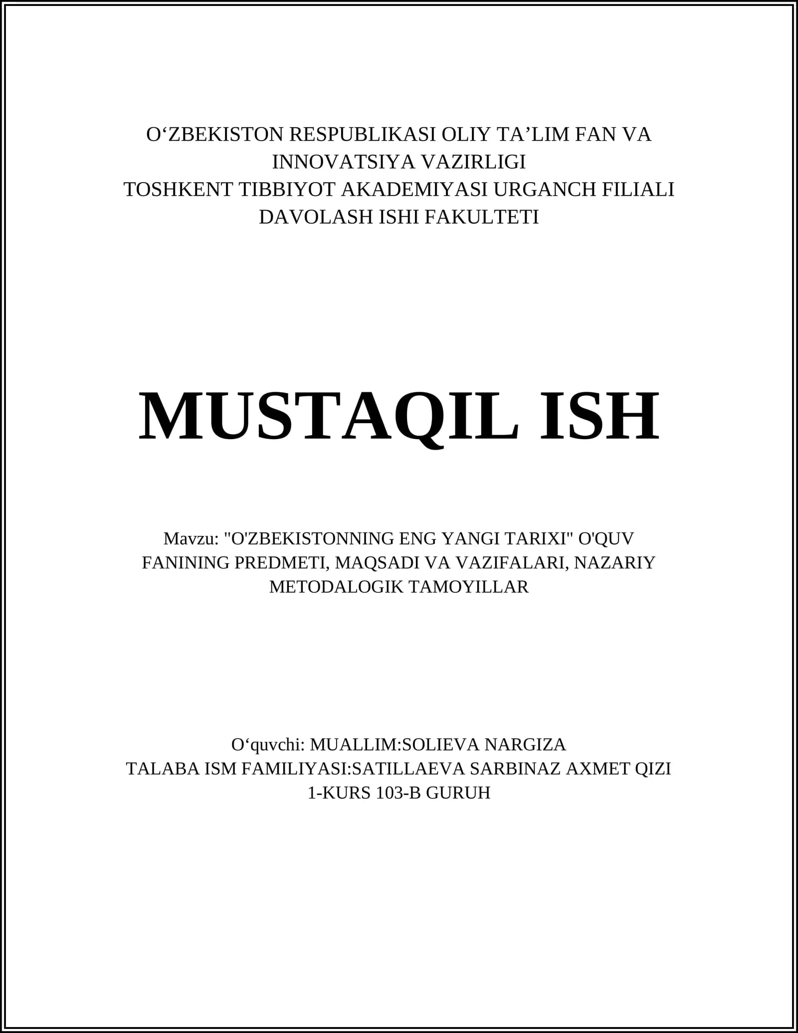 O'zbekistonning eng yangi tarixi fani