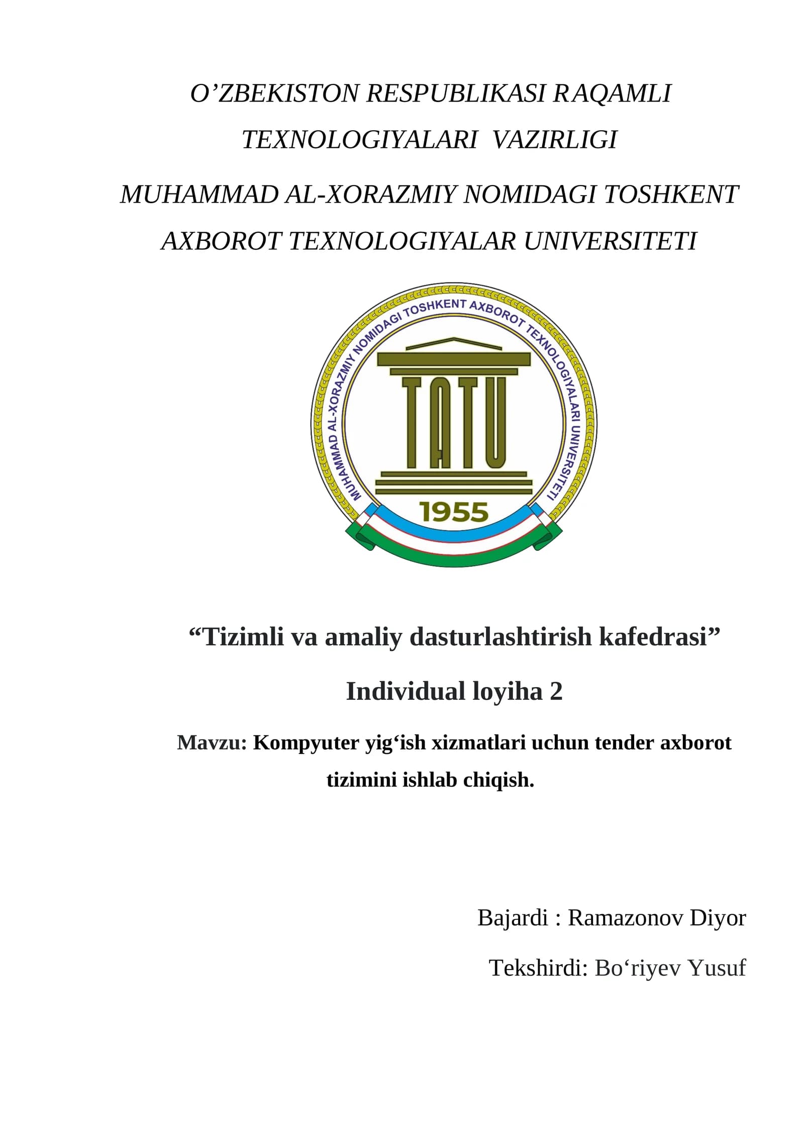 Kompyuter yig‘ish xizmatlari uchun tender axborot tizimini ishlab chiqish