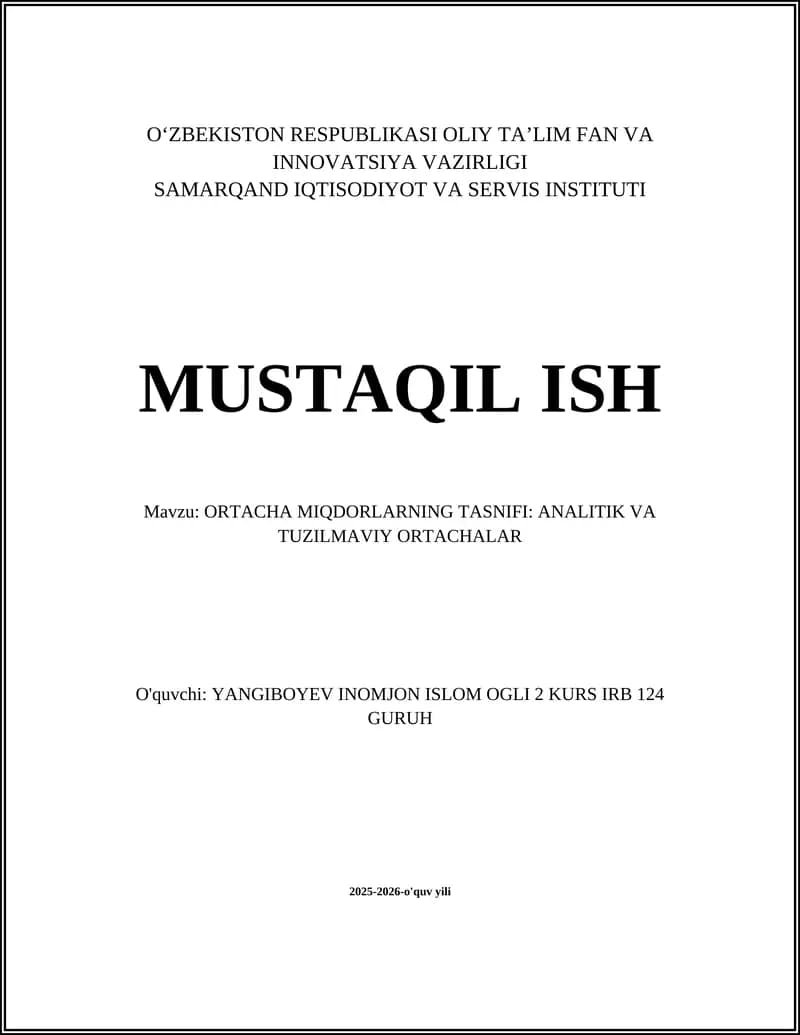 ORTACHA MIQDORLARNING TASNIFI: ANALITIK VA TUZILMAVIY ORTACHALAR