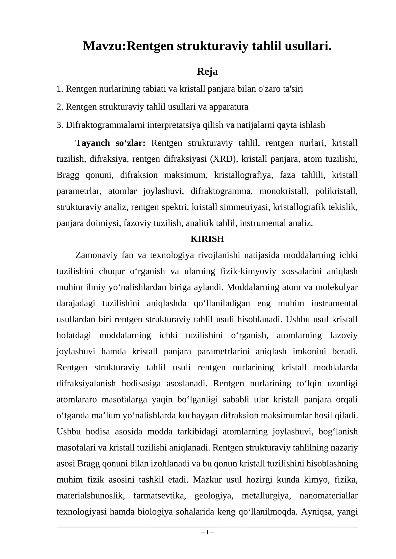 Rentgen strukturaviy tahlil usullari.
