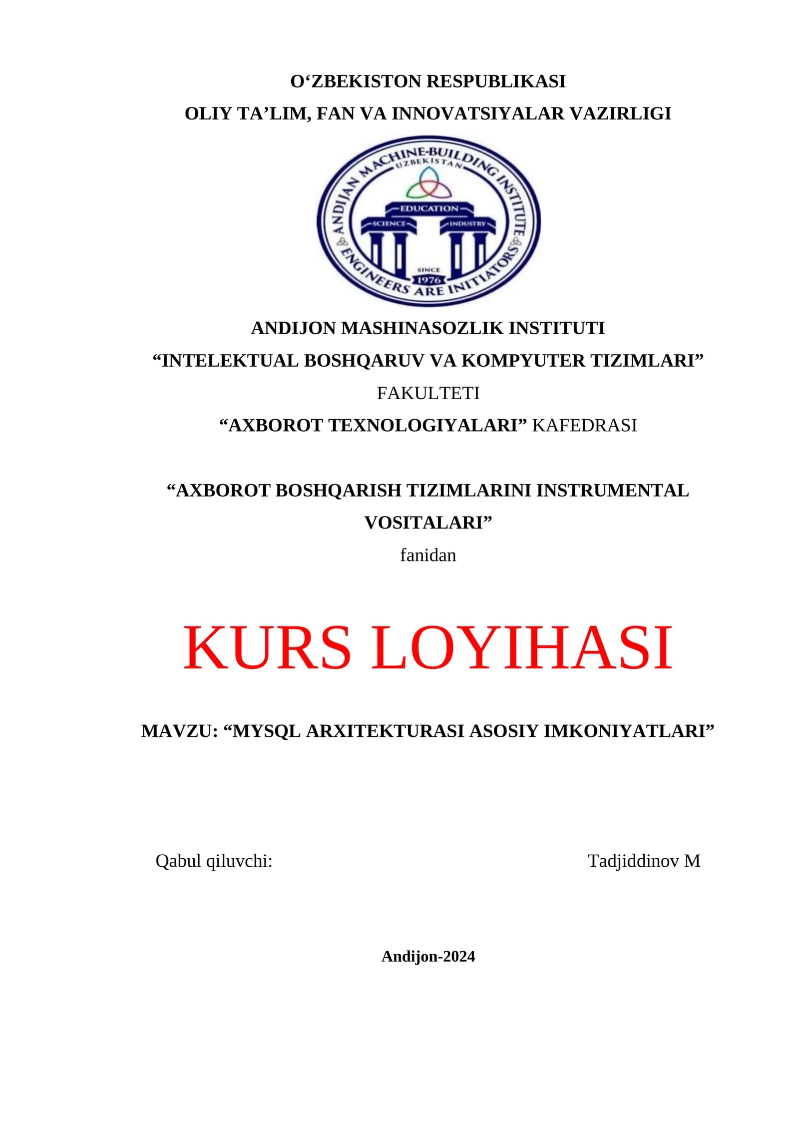 MYSQL ARXITEKTURASI ASOSIY IMKONIYATLAR