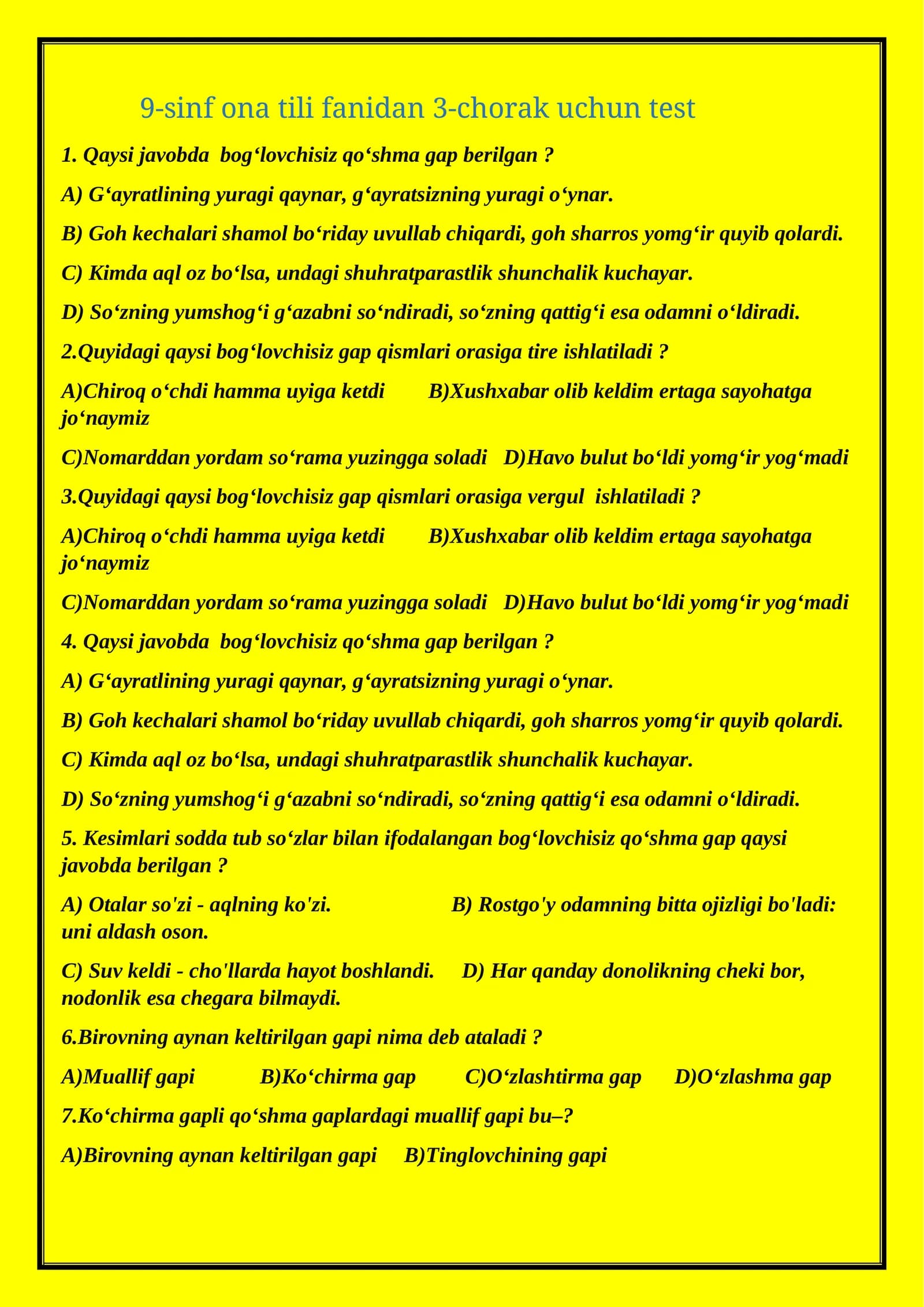 9-sinf ona tili fanidan 3-chorak uchun test