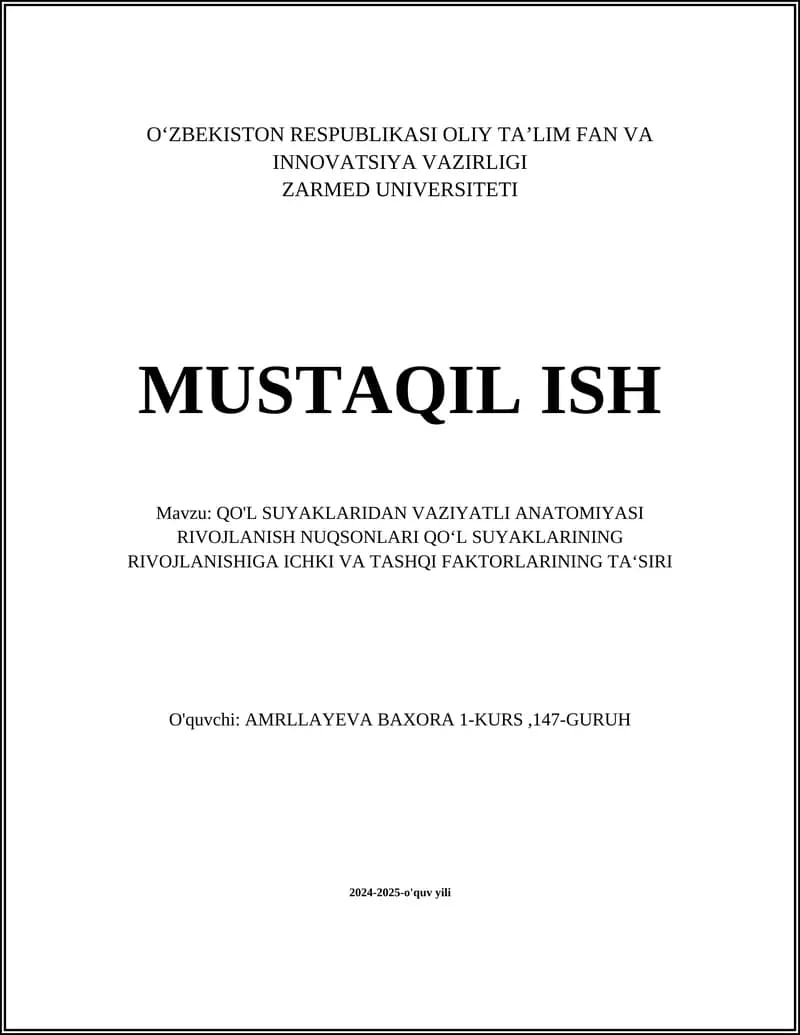 QO'L SUYAKLARIDAN VAZIYATLI ANATOMIYASI RIVOJLANISH NUQSONLARI