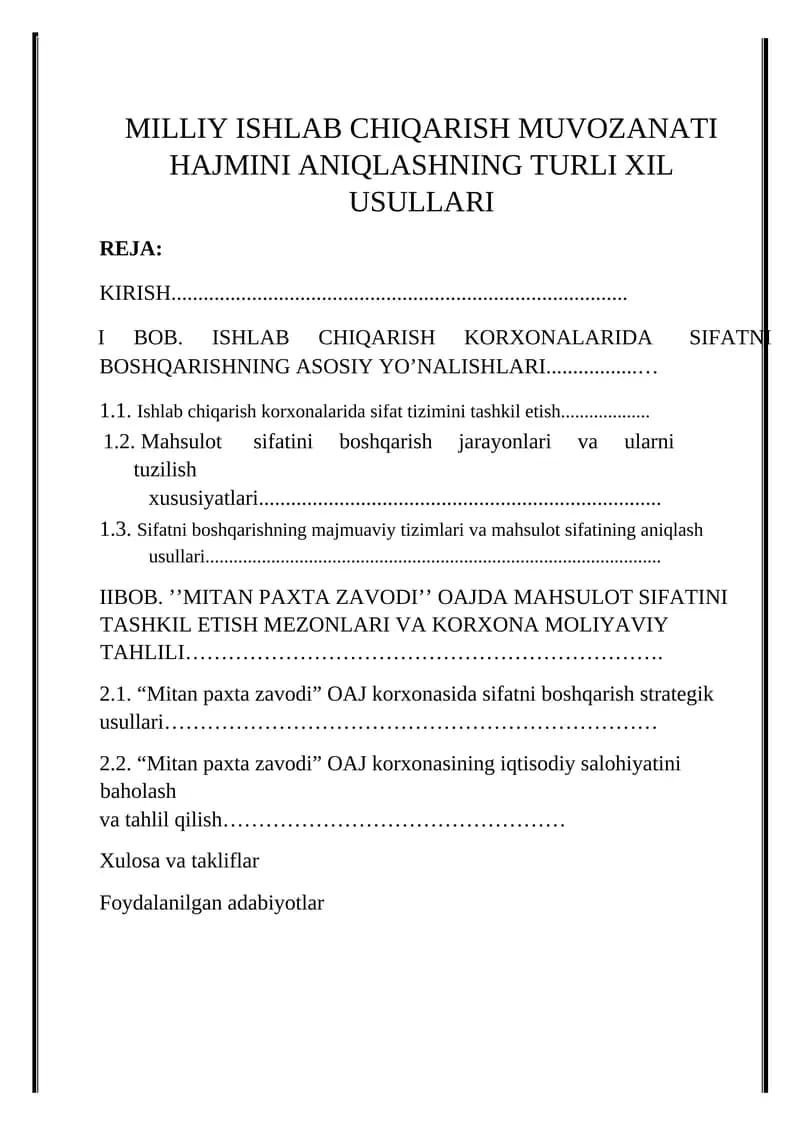 MITAN PAXTA ZAVODI OAJ MAHSULOT SIFATINI TASHKIL ETISH MEZONLARI