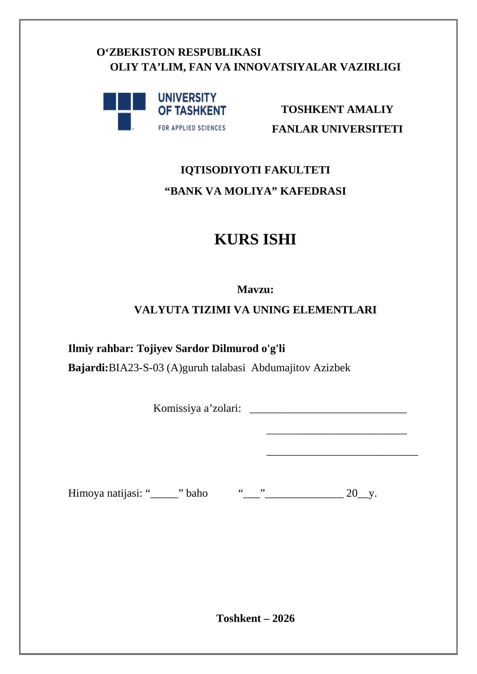 VALYUTA TIZIMI VA UNING ELEMENTLARI