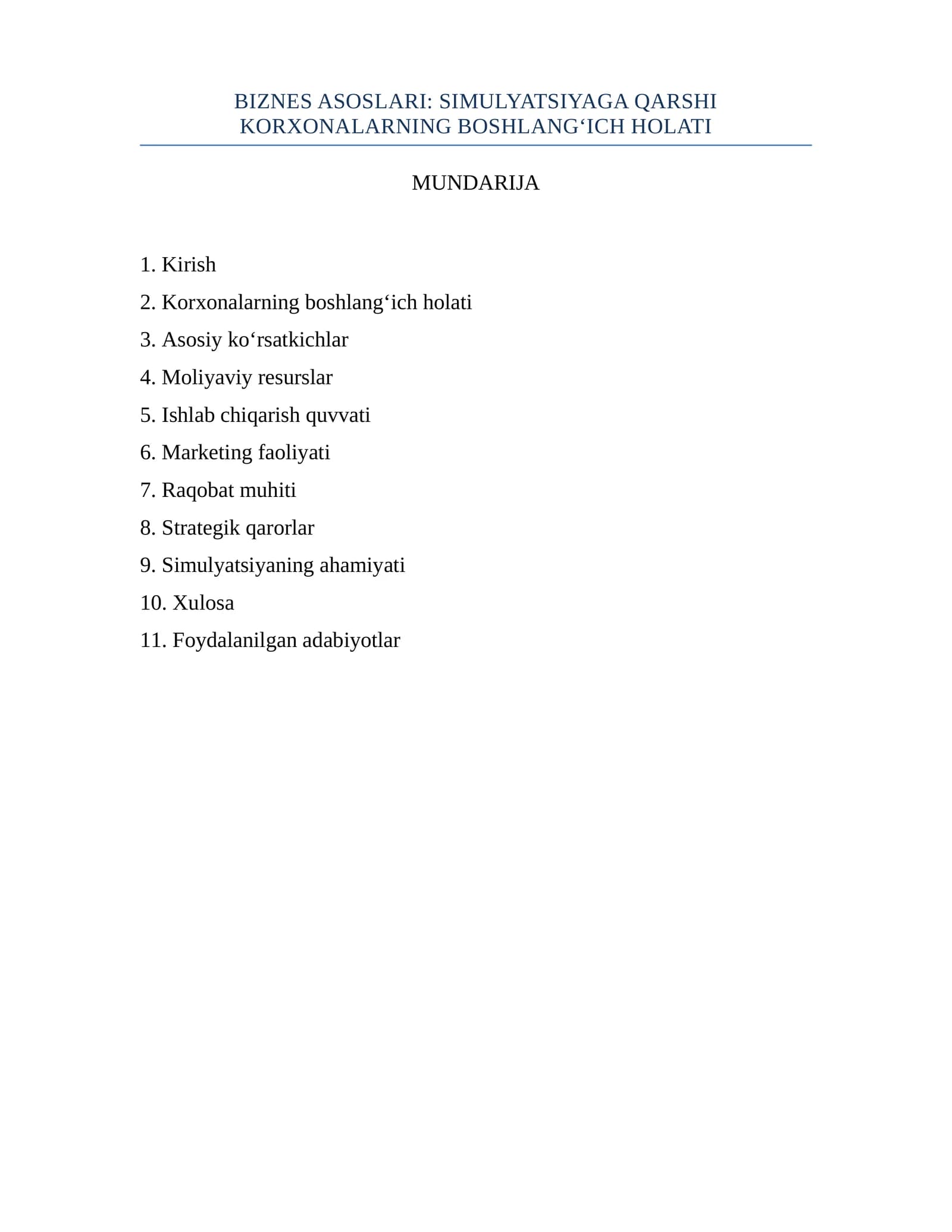 BIZNES ASOSLARI: SIMULYATSIYAGA QARSHI KORXONALARNING BOSHLANG‘ICH HOLATI