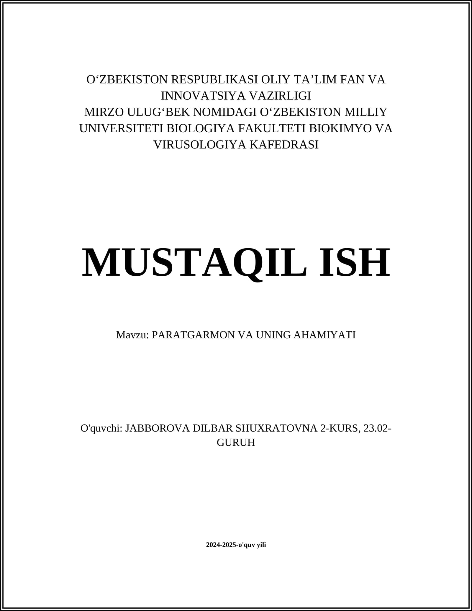 PARATGARMON VA UNING AHAMIYATI