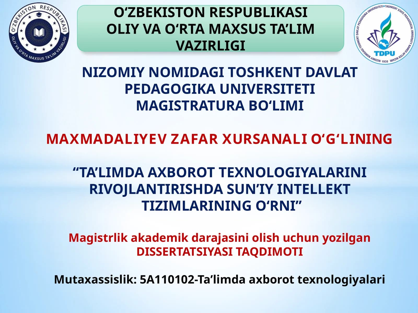 DISSERTATSIYASI TAQDIMOTI