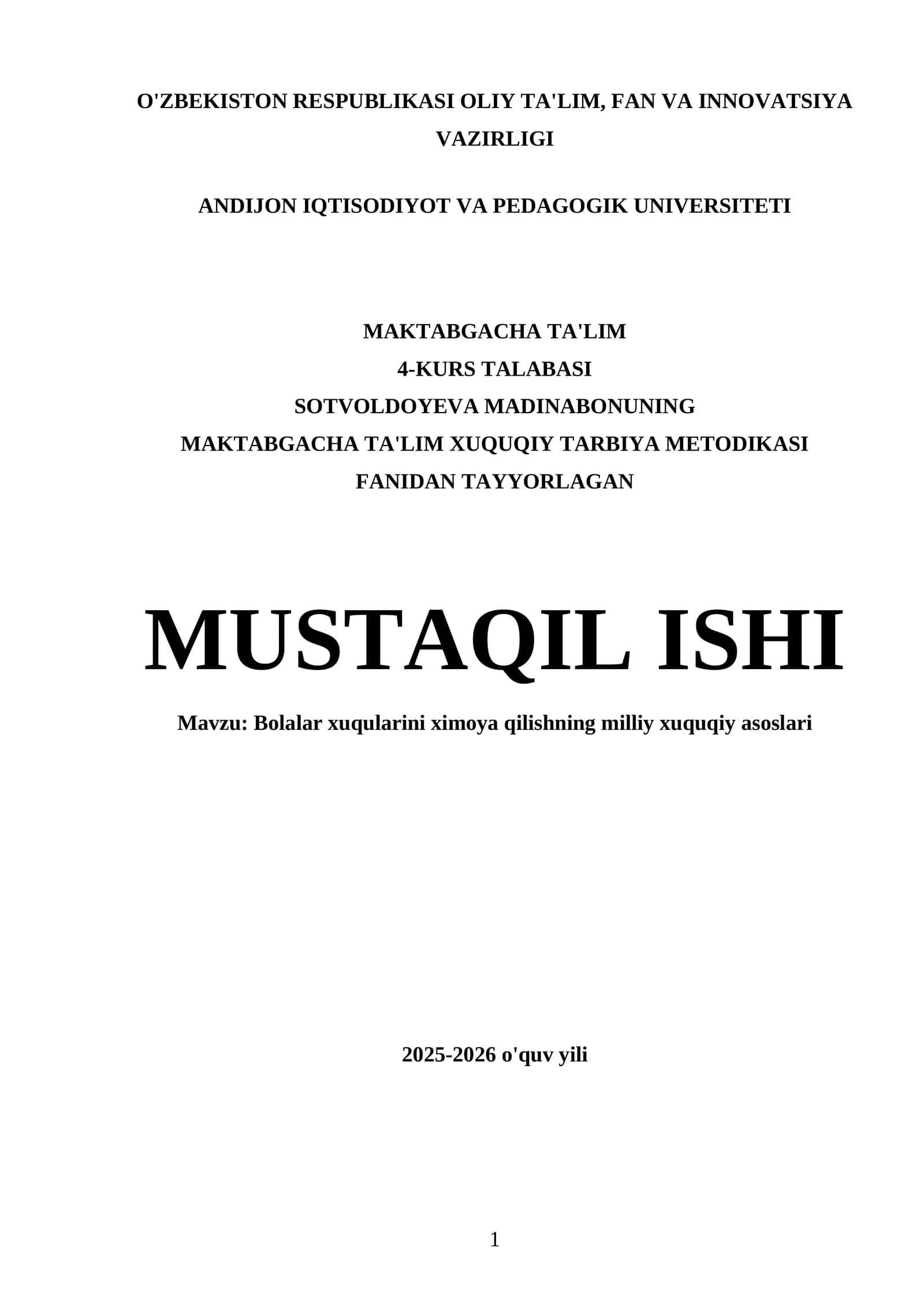 Bolalar xuqularini ximoya qilishning milliy xuquqiy asoslari
