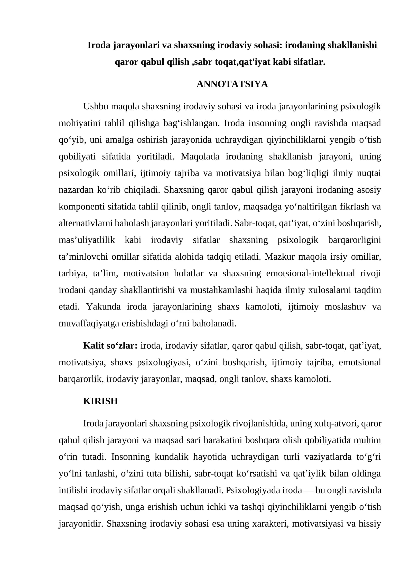 Iroda jarayonlari va shaxsning irodaviy sohasi