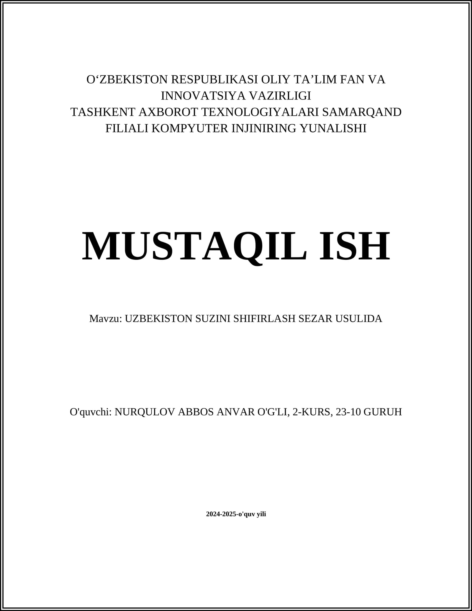Uzbekiston Suzini Shifrlash Sezar Usulida