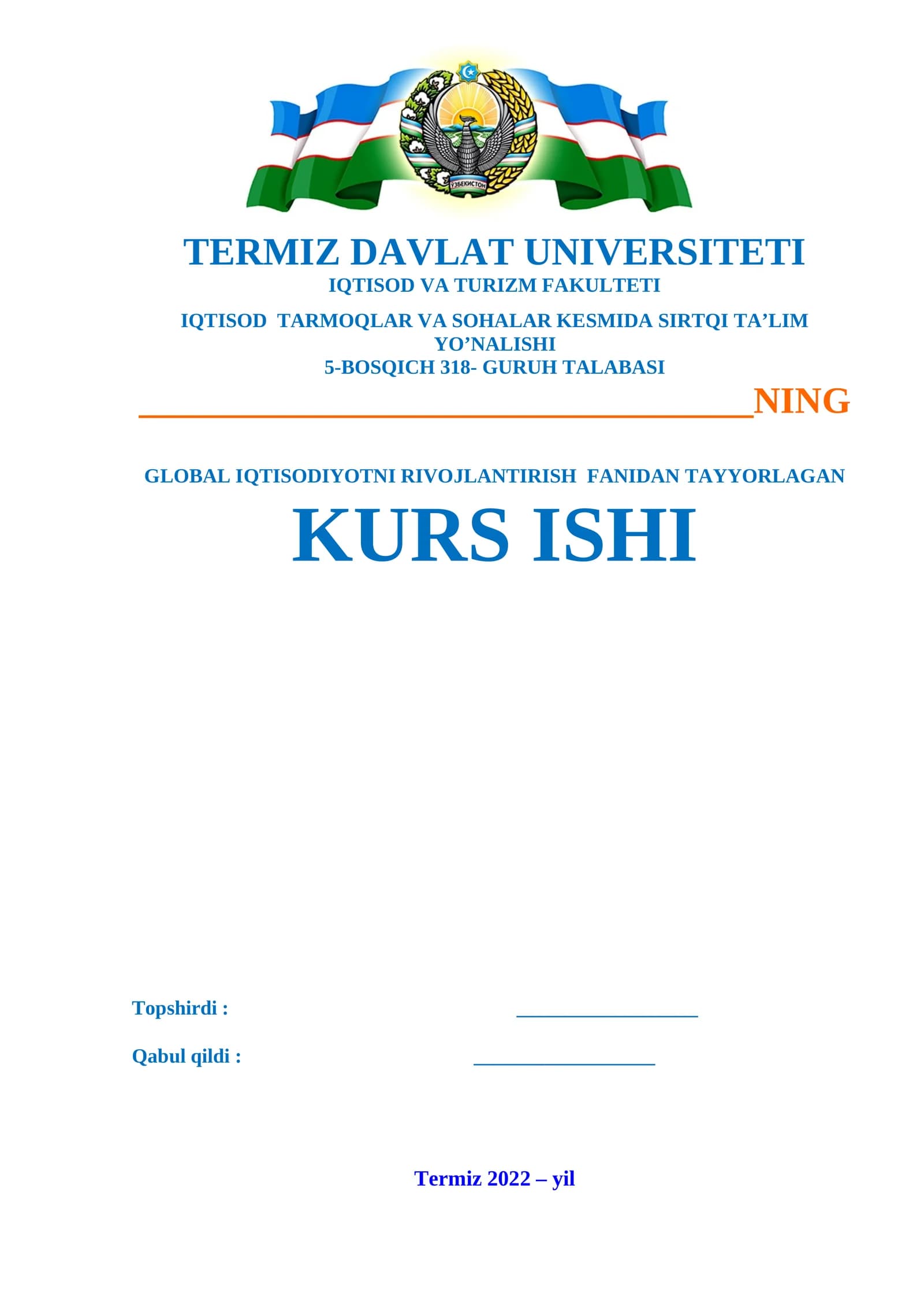 GLOBAL IQTISODIYOTNI RIVOJLANTIRISH FANIDAN KURS ISHI
