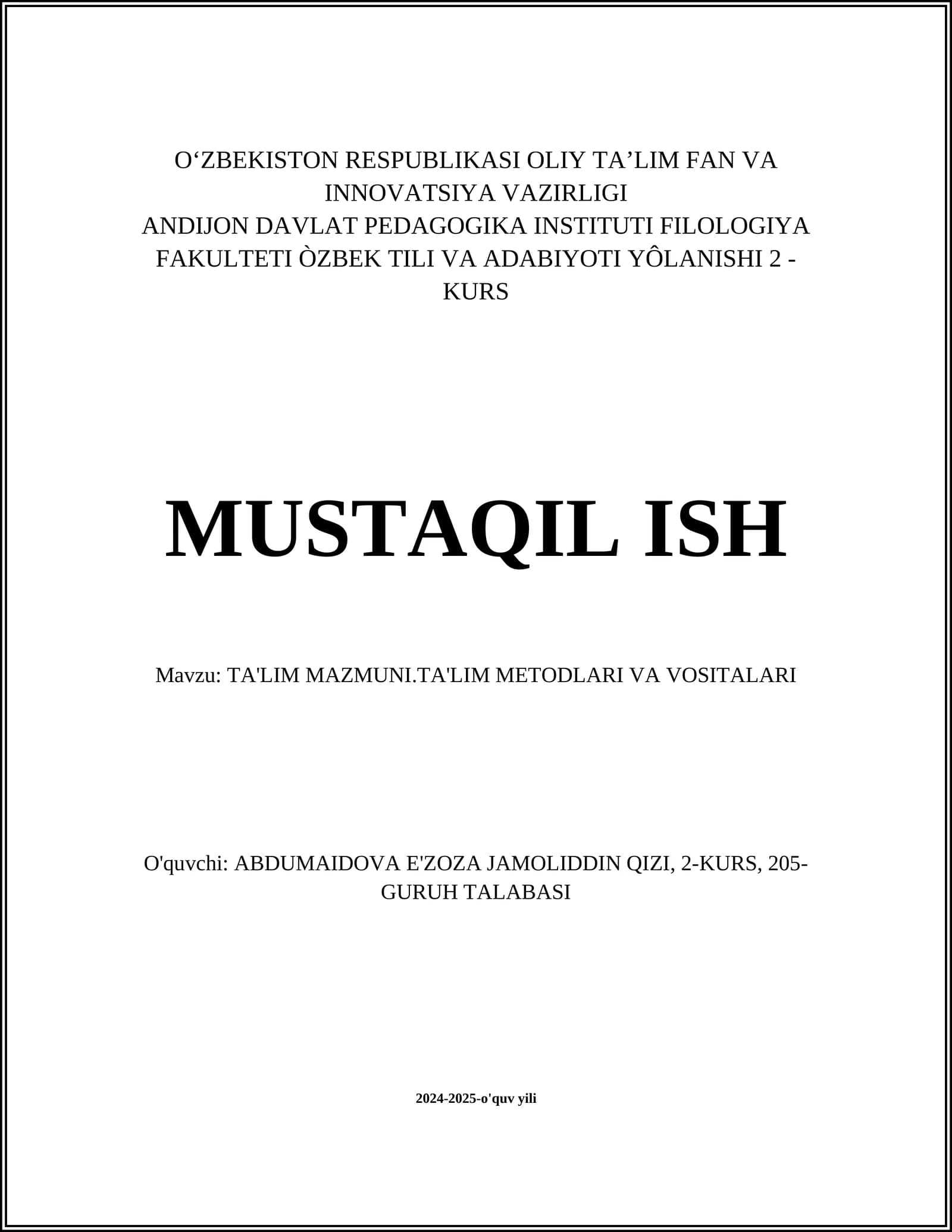 TA'LIM MAZMUNI.TA'LIM METODLARI VA VOSITALARI