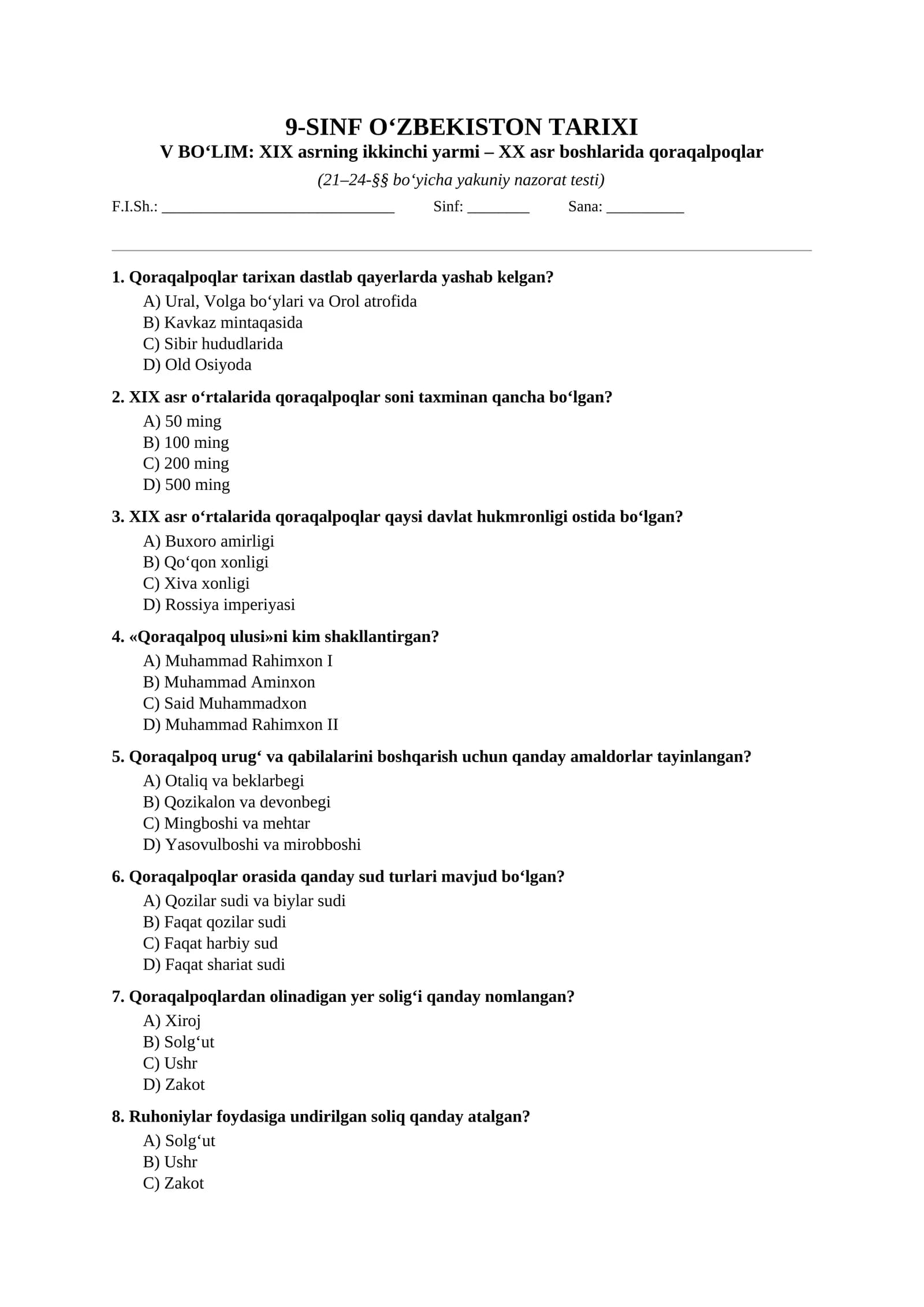Mavzulashtirilgan testlar | 9-SINF O‘ZBEKISTON TARIXI V boʻlim