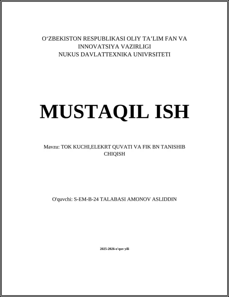 TOK KUCHI,ELEKRT QUVATI VA FIK BN TANISHIB CHIQISH