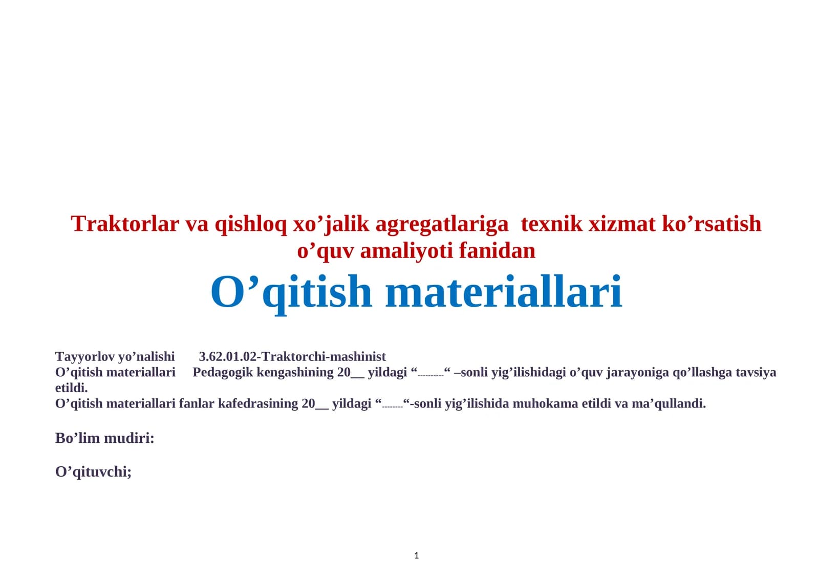 Traktorlar va qishloq xo’jalik agregatlariga  texnik xizmat ko’rsatish o’quv amaliyoti