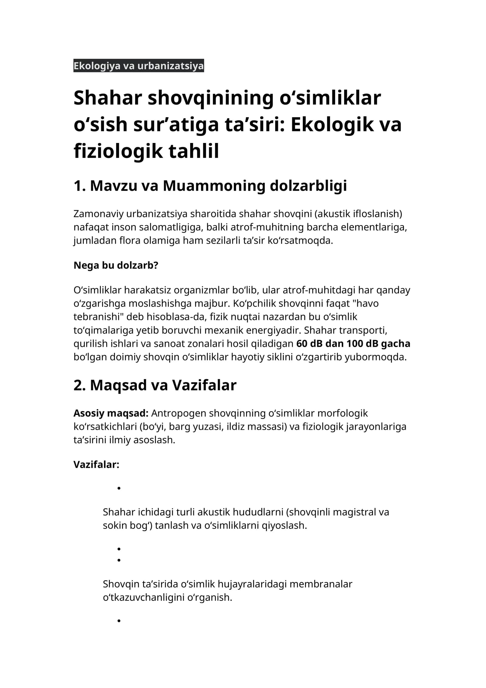 Ekologiya va urbanizatsiya