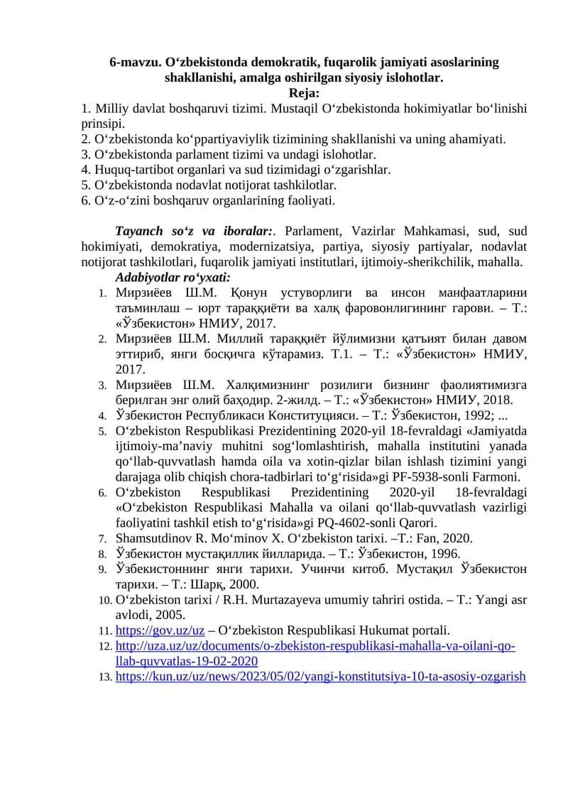 O‘zbekistonda demokratik, fuqarolik jamiyati asoslarining shakllanishi, amalga oshirilgan siyosiy islohotlar